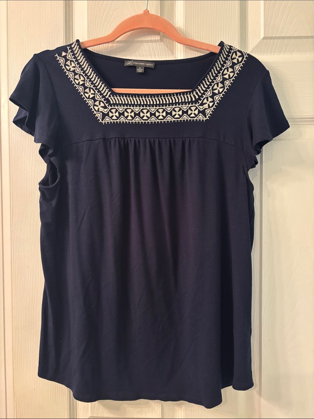 Adrianna Papell Navy Top with White Embroidered Square Neck Sz M